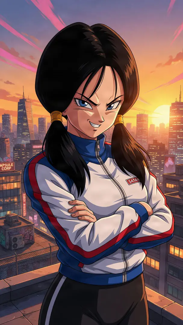 Videl from Dragon Ball smirks confidently with her arms crossed, wearing a white, blue, and red track jacket and pigtails against a vibrant city sunset backdrop.