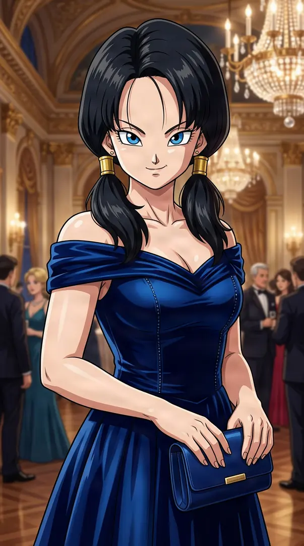 Videl from Dragon Ball stands in a lavish ballroom wearing an elegant, off-the-shoulder dark blue gown and holding a matching clutch purse.