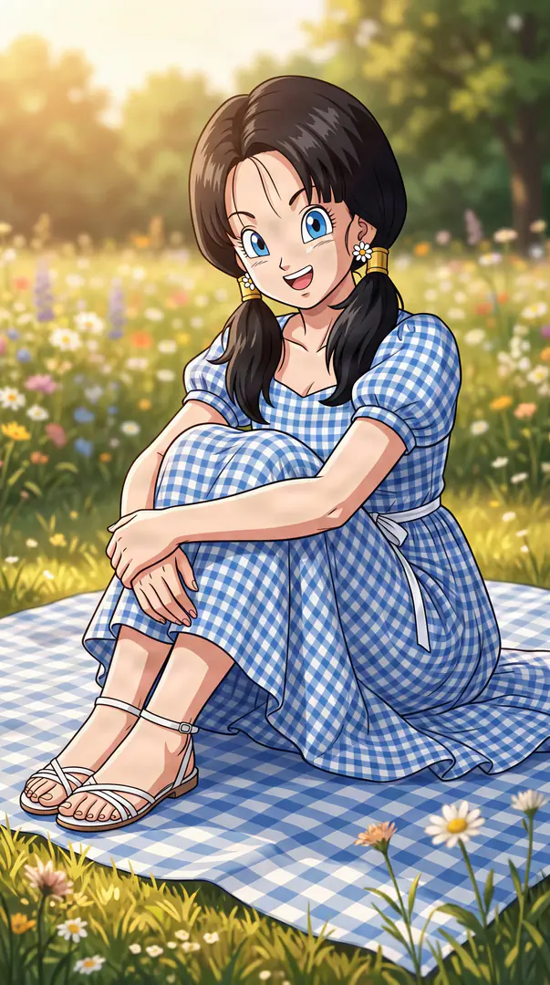 Videl from Dragon Ball sits smiling on a blue and white checkered picnic blanket in a sunlit field of wildflowers, wearing a gingham dress and white sandals.