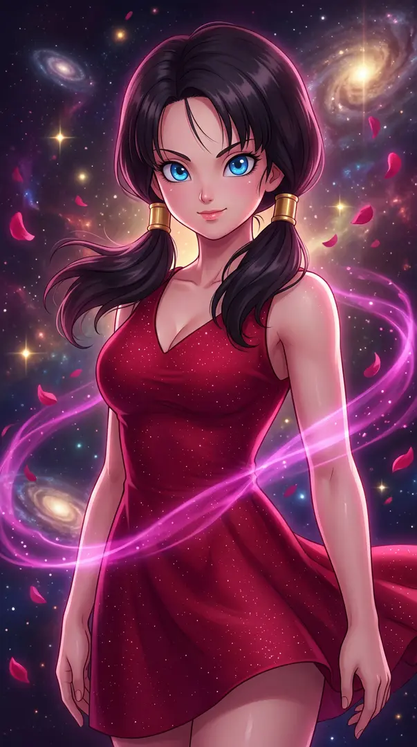 A blue-eyed anime girl with black twin tails and a sparkling red dress stands against a cosmic background filled with stars, galaxies, and swirling pink light.