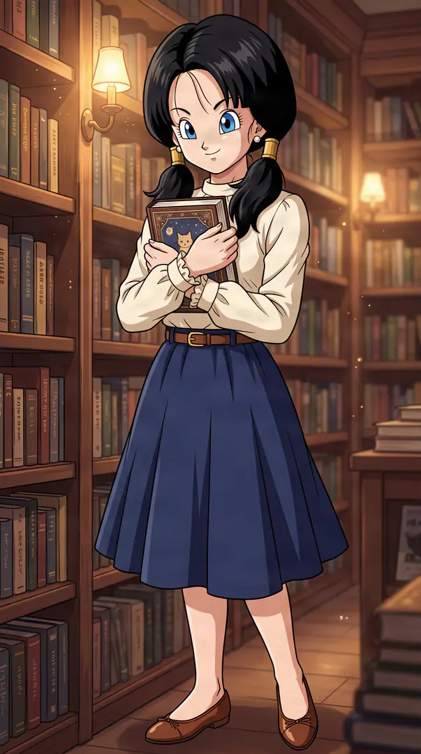 Videl from Dragon Ball stands smiling in a warmly lit library, holding a book to her chest while dressed in a white ruffled blouse and a blue pleated skirt.