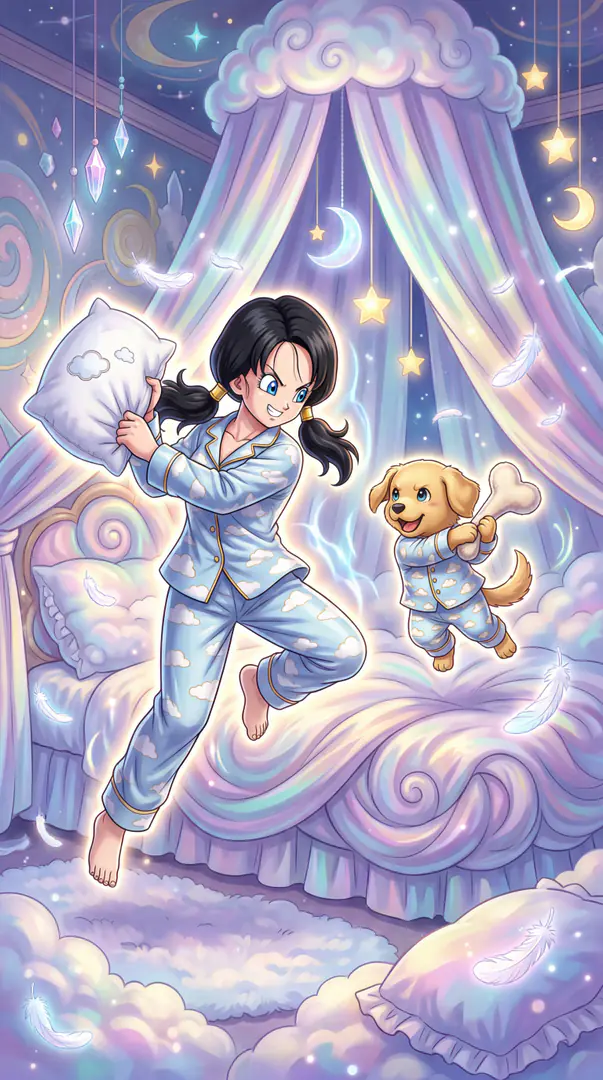Videl from Dragon Ball and a golden puppy, both wearing matching blue cloud pajamas, float playfully mid-air with a pillow and a bone inside a whimsical, pastel-colored bedroom.