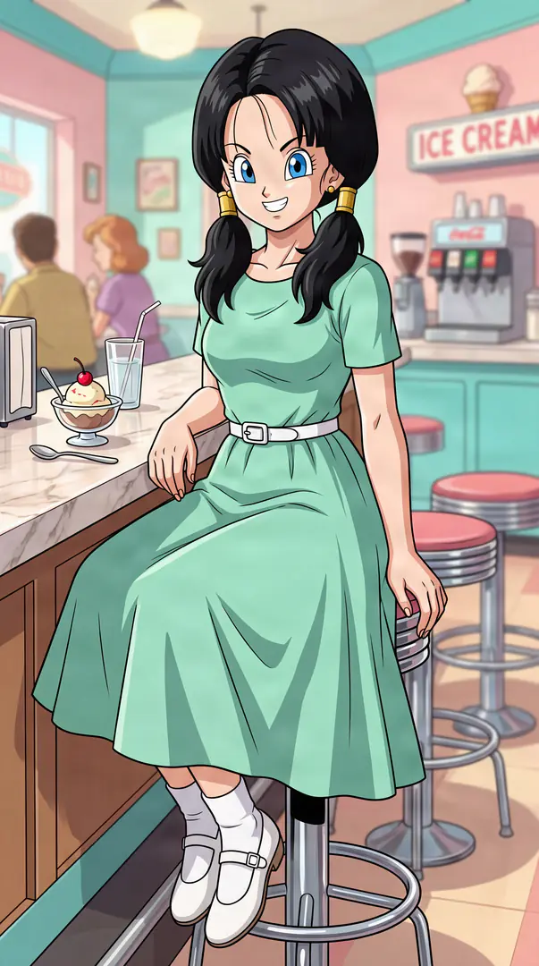 Videl from Dragon Ball smiles while sitting at a retro diner counter, wearing a light green dress, white Mary Jane shoes, and her dark hair in low pigtails.