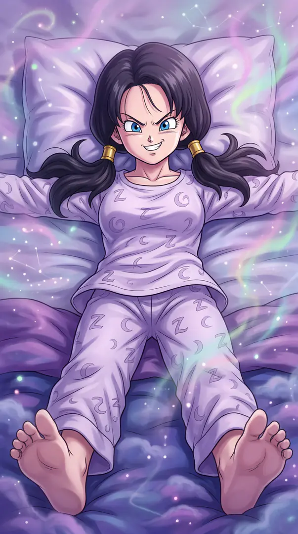Videl from Dragon Ball smirks confidently while lying spread out on a magical, starry bed in light purple pajamas patterned with Zs and moons.