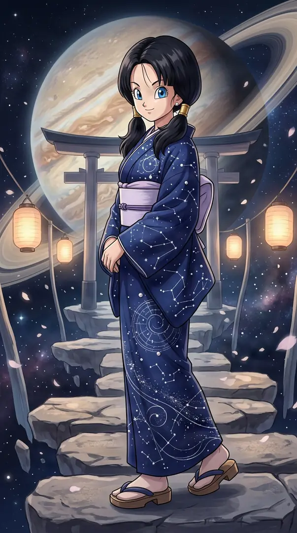 Videl from Dragon Ball stands on floating stone steps wearing a dark blue constellation-patterned kimono against a starry cosmic backdrop featuring a torii gate, glowing lanterns, and a massive ringed planet.