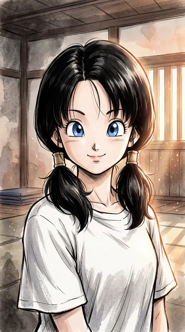 Videl from Dragon Ball smiles warmly in a sunlit room, depicted with bright blue eyes, black hair tied in low twin tails, and a simple white t-shirt.