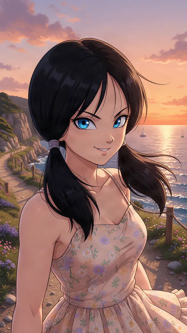 Videl from Dragon Ball, with her black hair in pigtails and wearing a floral sundress, smiles gently while standing on a scenic coastal path beside the ocean at sunset.