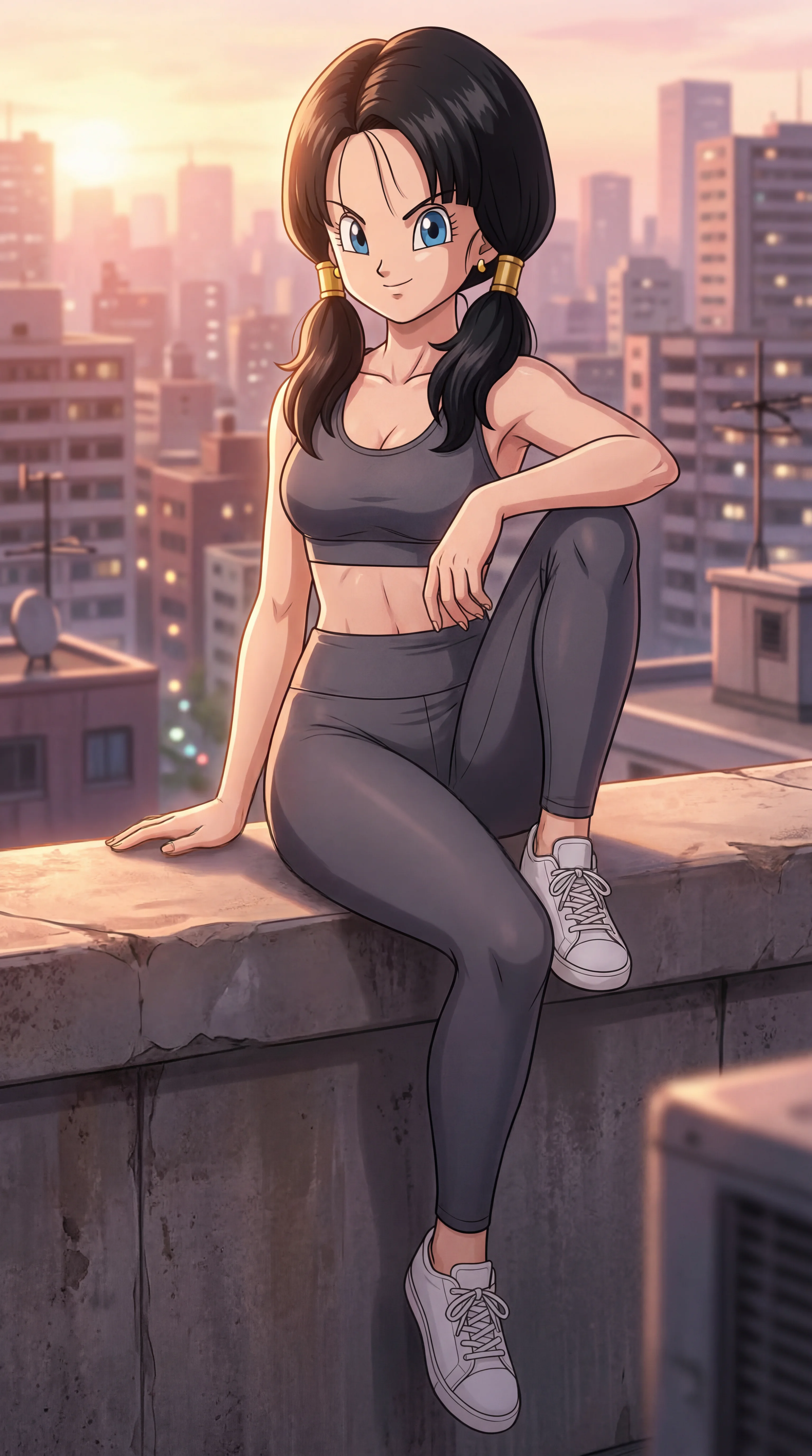 An anime-style young woman with black pigtails wearing a grey sports bra and leggings sits on a concrete rooftop ledge overlooking a city skyline at sunset.