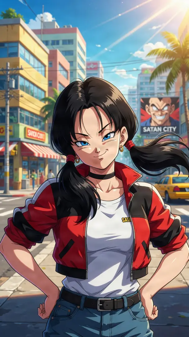 Videl from Dragon Ball stands confidently on a sunny street wearing a red and black jacket and pigtails, with a Satan City billboard in the background.