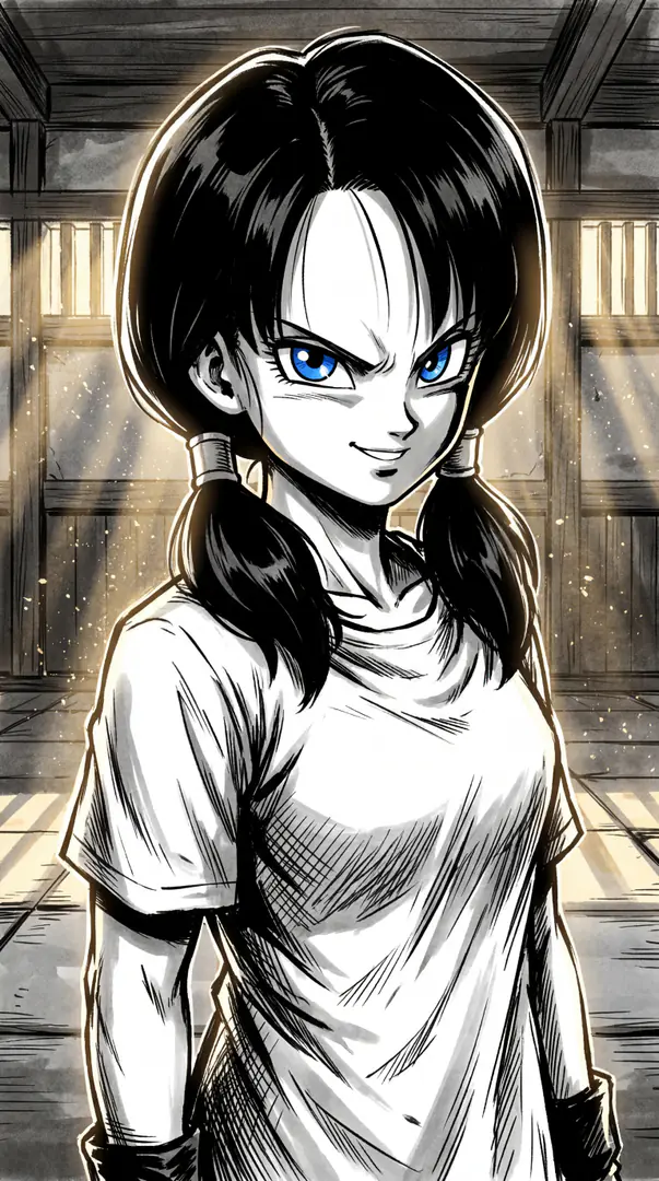 A dynamic black-and-white illustration of Videl from Dragon Ball, featuring her signature pigtails, a white t-shirt, and piercing blue eyes as she smirks confidently in a sunlit dojo.