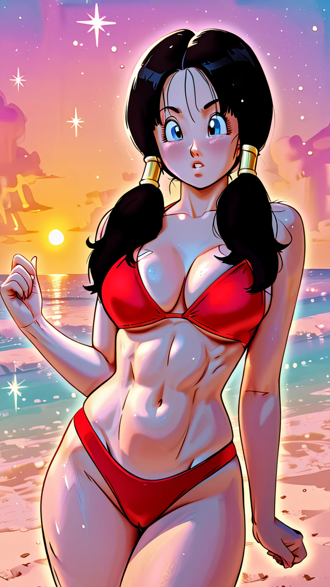AI Art by Daddy Jim Headquarters: An animated character, reminiscent of Videl from DBZ, stands on a beach during sunset. She wears a red bikini, with her dark hair styled in pigtails, and appears surprised. The sky is vibrant with stars and clouds, r