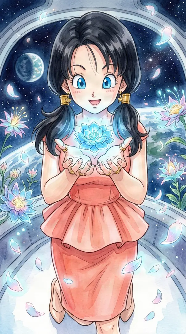 Videl from Dragon Ball, wearing a peach peplum outfit, gently holds a glowing blue lotus flower in her hands against a starry cosmic background filled with floating pastel petals.