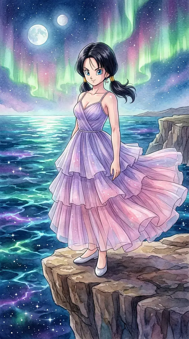 Videl from Dragon Ball stands on a rocky cliff overlooking a sparkling ocean, wearing a flowing, tiered purple and pink dress beneath a starry night sky illuminated by auroras and two moons.