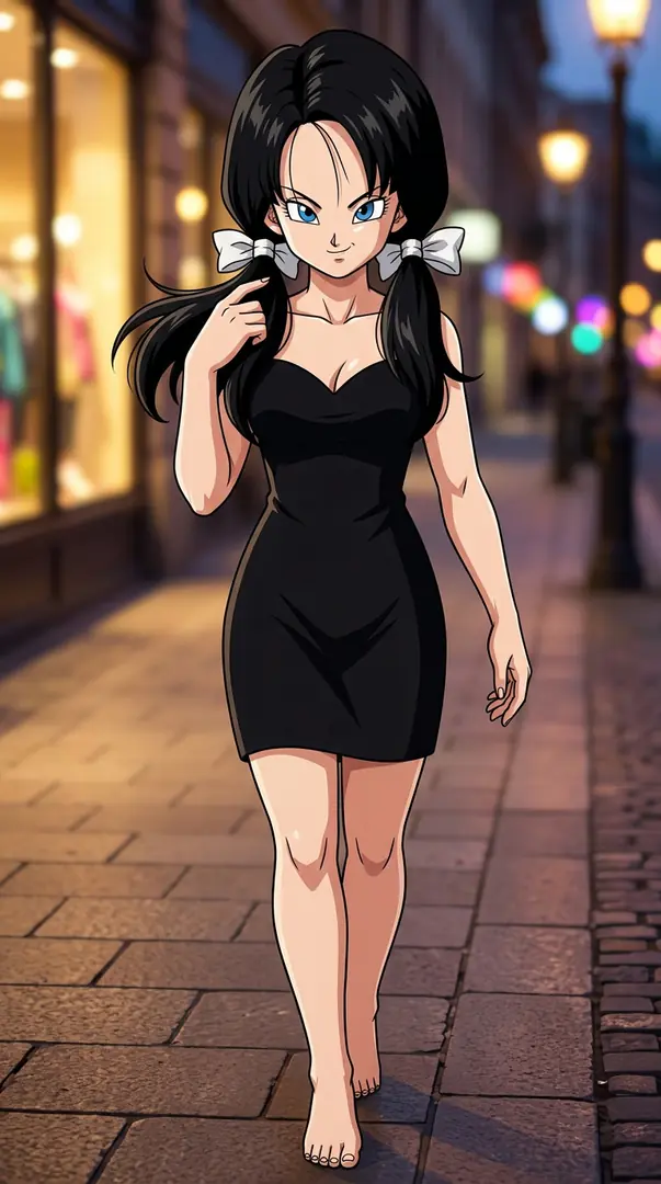 Videl from Dragon Ball walks barefoot down a softly lit cobblestone street at night wearing a fitted black dress and white hair bows.