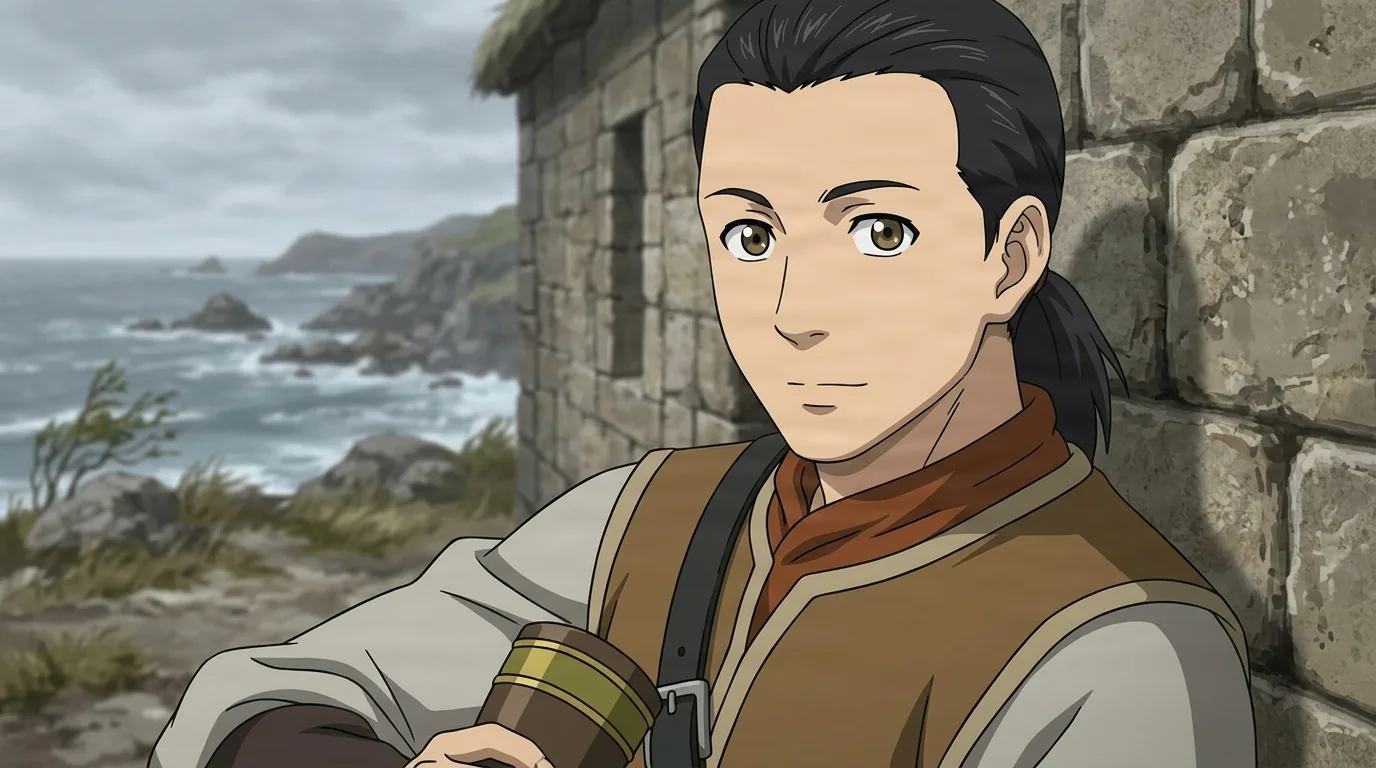 Ari, a dark-haired man with a low ponytail in a brown leather jerkin and rust scarf, standing by a stone wall above a grey northern sea