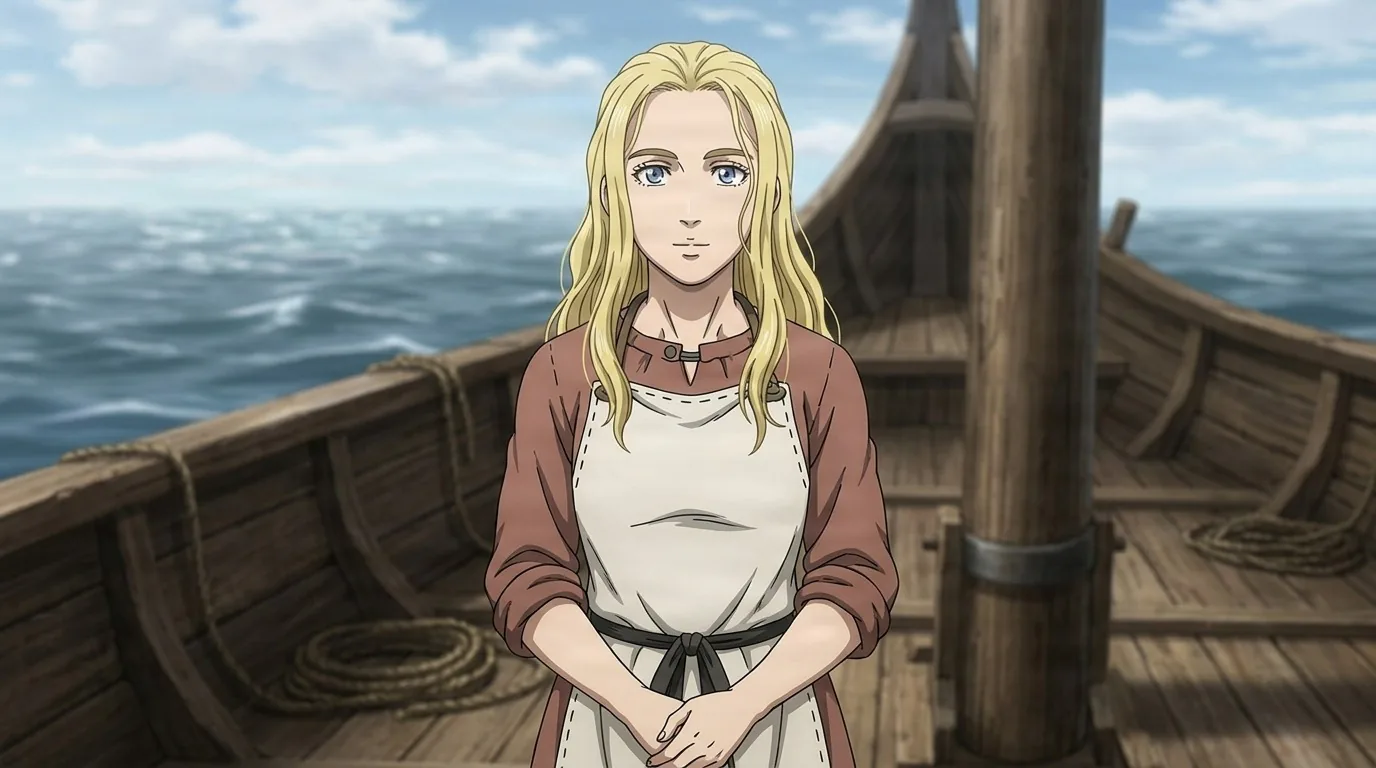 Arnheid standing on the deck of a Viking ship with her hands clasped, long blonde hair and a brown dress under a cream apron, open sea behind.