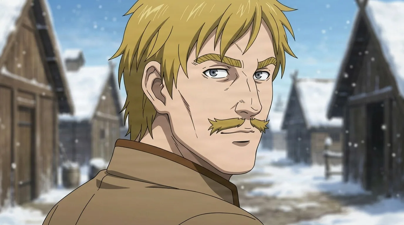Atli, a blond Norseman with a thick moustache in a brown tunic, glancing back among snow-covered timber longhouses