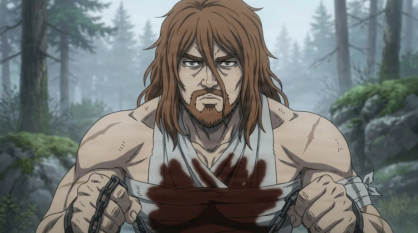 Gardar, a long-haired bearded man in a blood-stained white shirt gripping broken chains in a misty pine forest