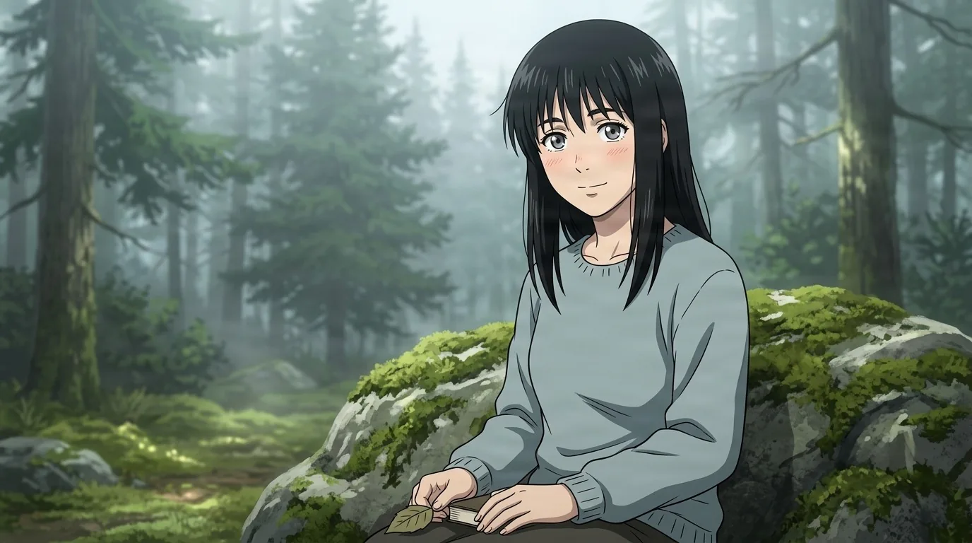 Gudrid resting against a mossy boulder in a misty pine forest, long black hair and pale blue sweater, a leaf held in her hand