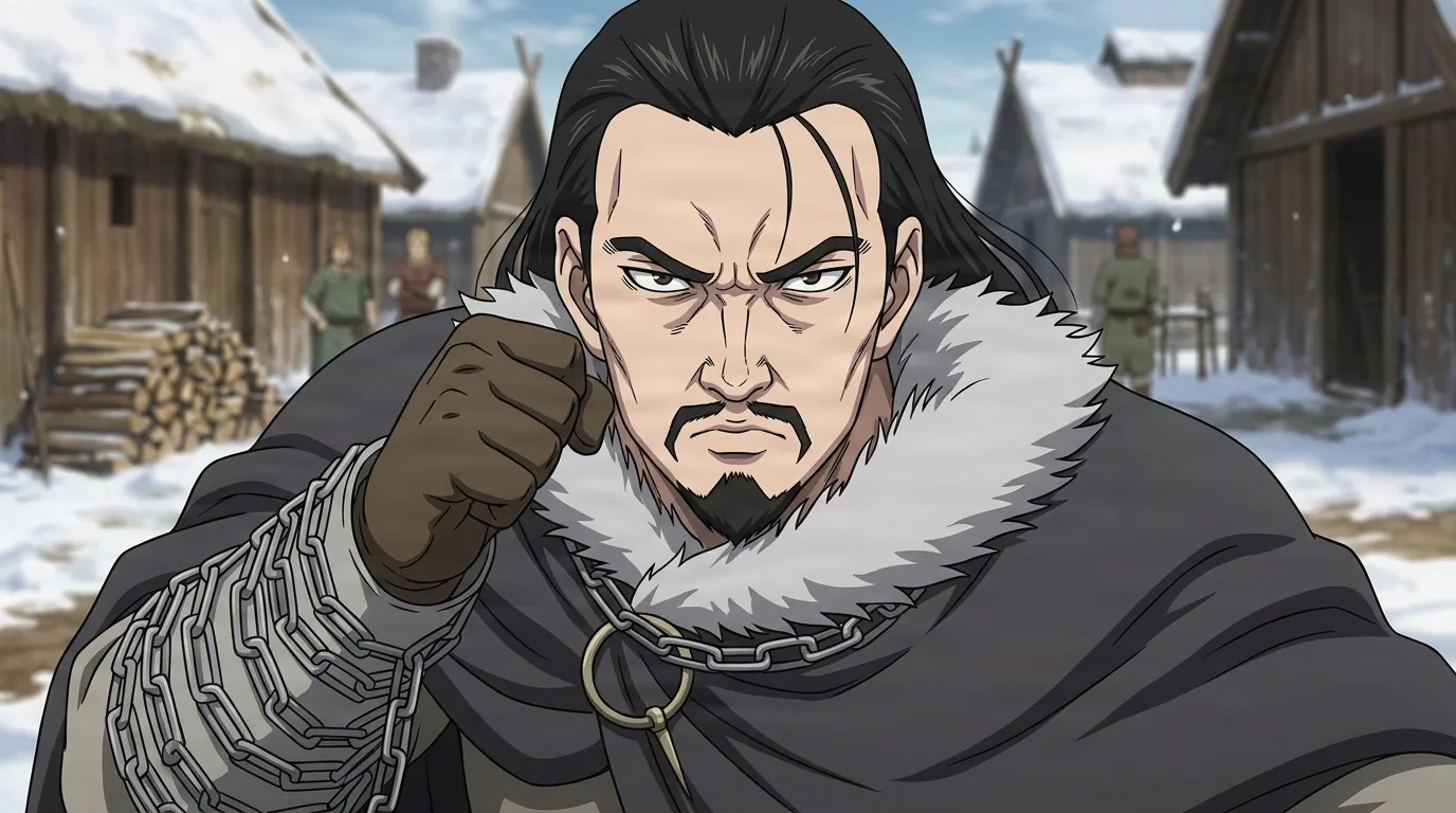 Halfdan glaring with a gloved fist raised, long black hair and pointed beard, fur-collared cloak over chainmail in a snowy Norse village