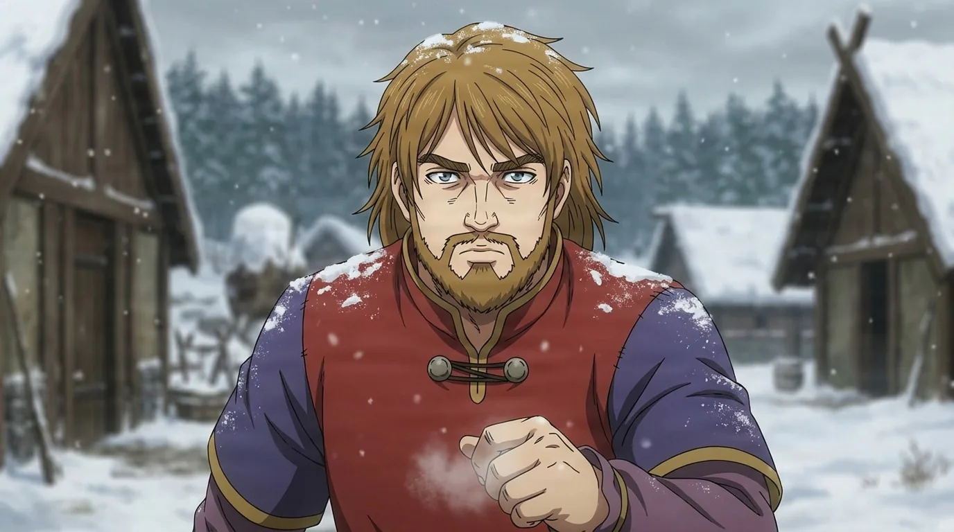 Harald, a bearded Norseman in a red and purple tunic dusted with snow, raising a fist in a wintry timber village