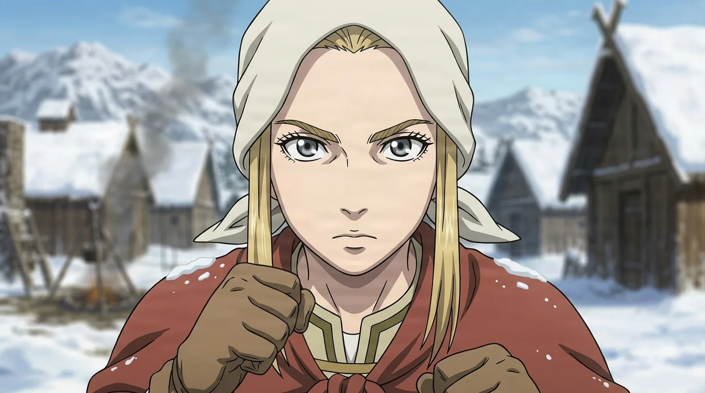 Helga, a blonde woman in a pale headscarf and red woollen dress, both gloved fists raised in a snow-covered Norse settlement