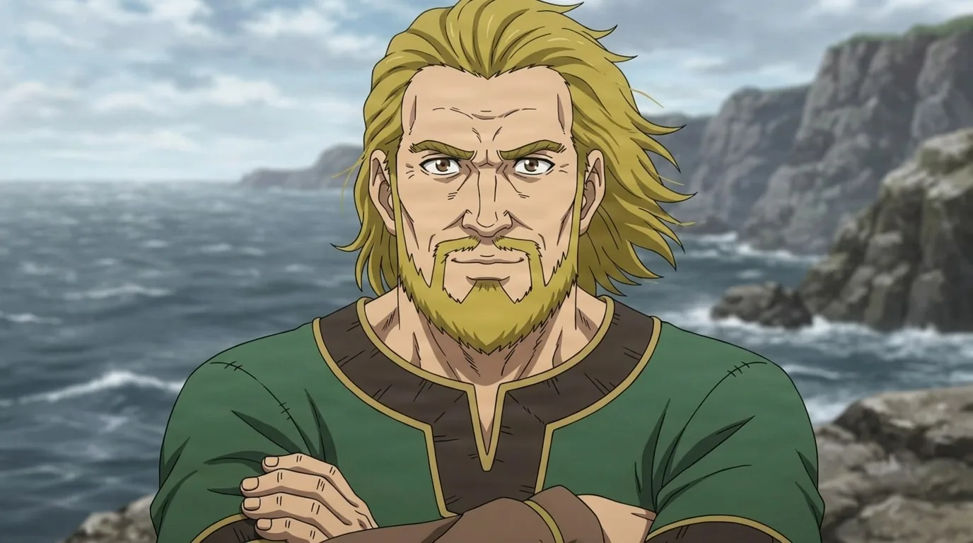 Ketil, a broad blond man with a full beard in a green tunic, arms folded on a rocky coastline