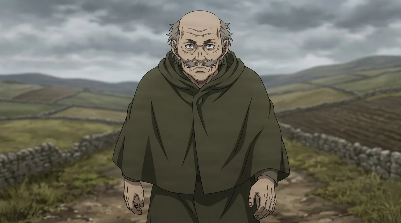 Leif Ericson walking a dirt path between stone walled fields under grey clouds, bald and grey bearded in an olive hooded cloak