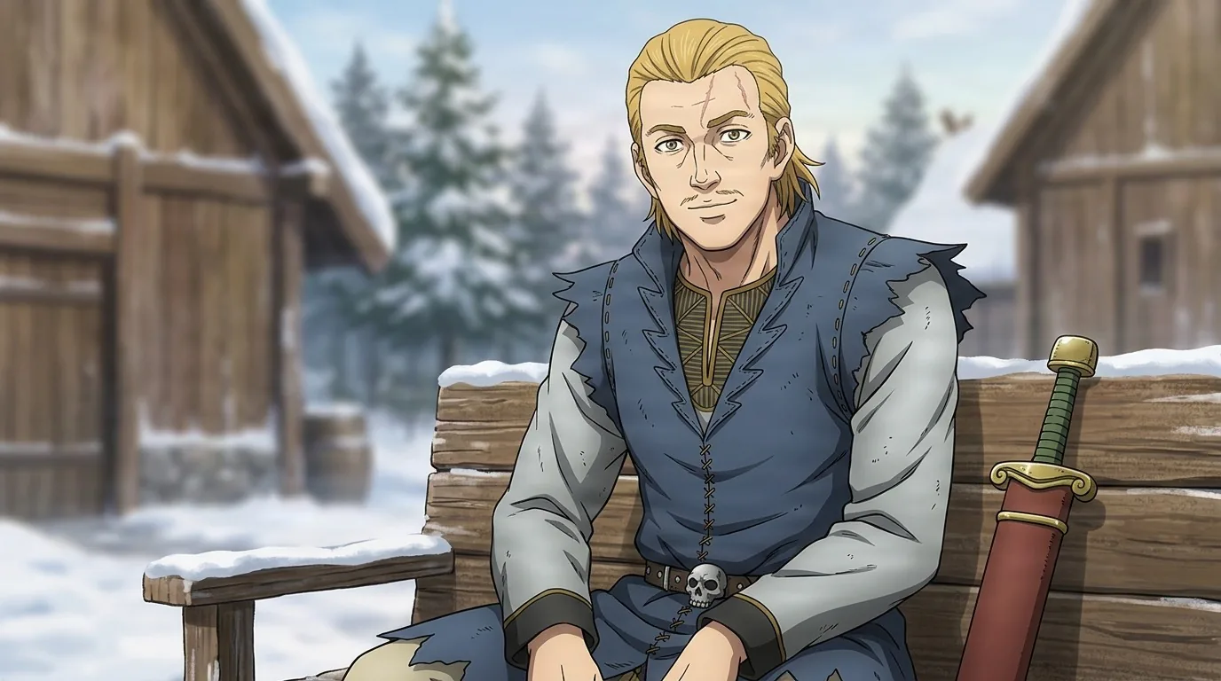 Olmar, a young blond man with a scar on his brow in a blue fur-trimmed tunic, seated on a bench beside a sheathed sword in a snowy settlement