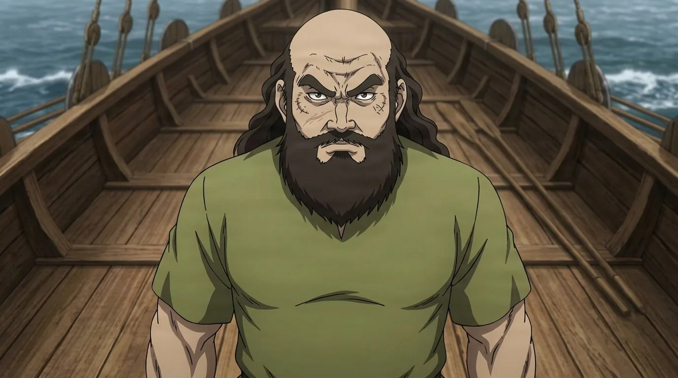 Ragnar standing on the deck of a Viking longship, broad and scarred with a thick brown beard and green tunic, oars and open sea behind