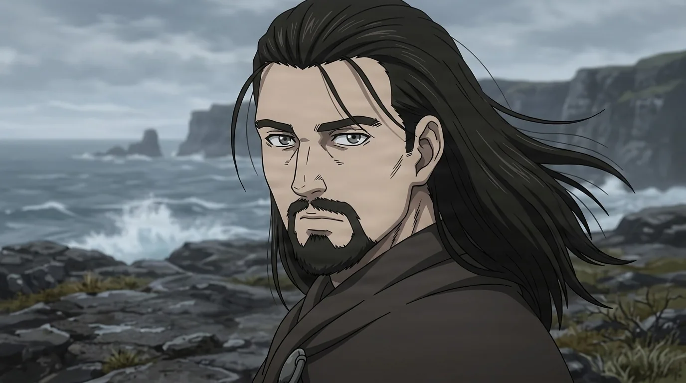 Sigurd, a long haired warrior with a dark goatee and a scarred cheek, glancing back over his shoulder on a storm grey sea cliff