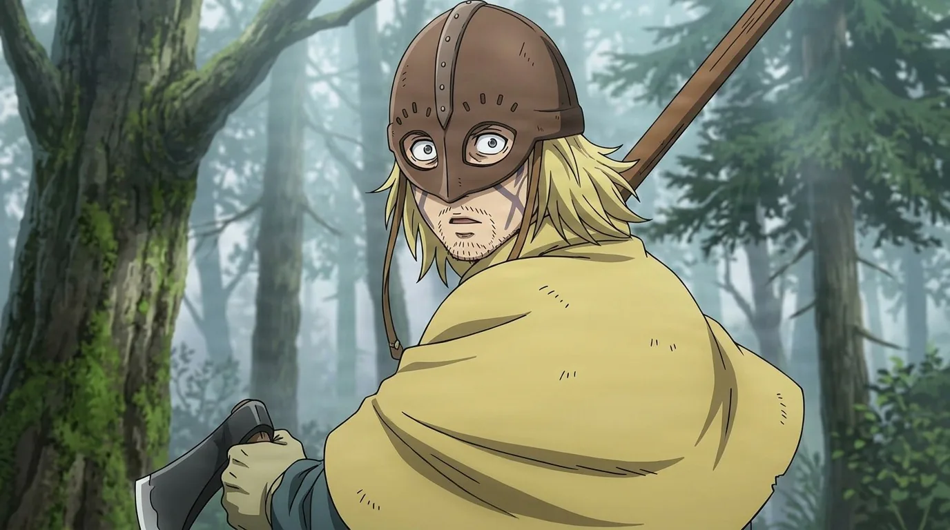 Styrk in a riveted leather helm and heavy yellow cloak, gripping an axe and glancing back in a misty forest