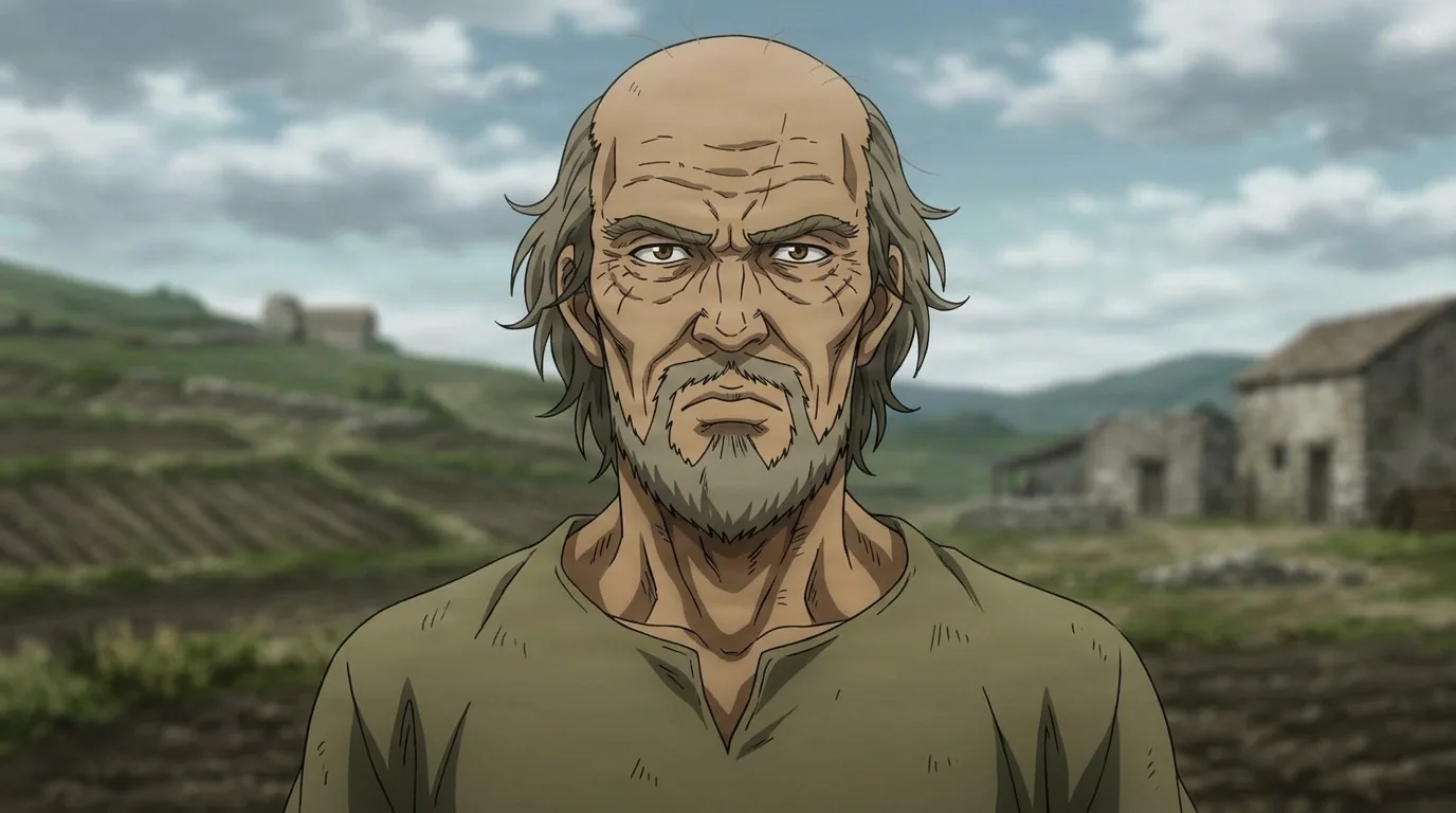 Sverkel, a weathered bald old man with a grey beard in a plain olive tunic, standing before terraced farmland and stone outbuildings