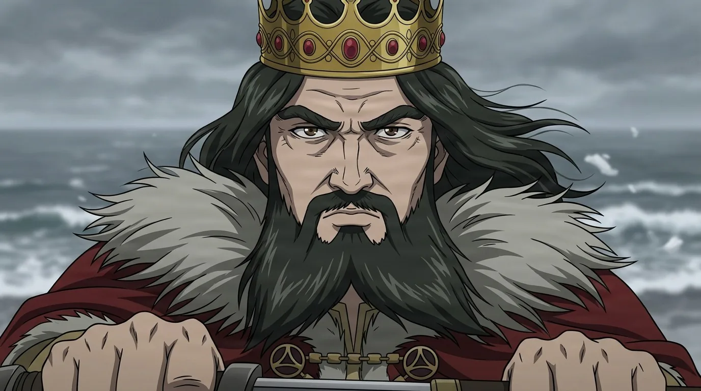 King Sweyn scowling in a jeweled gold crown and fur-lined red cloak, both fists gripping a sword hilt, grey storm sea behind him
