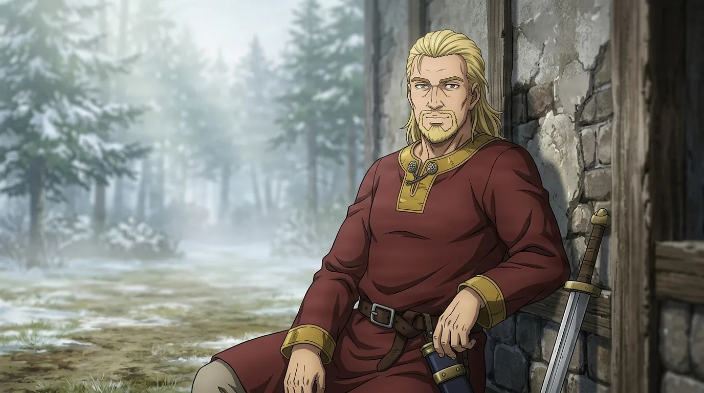 Thorgil, a blond bearded man in a red and gold tunic seated beside a sword against a stone wall, snowy pines behind him