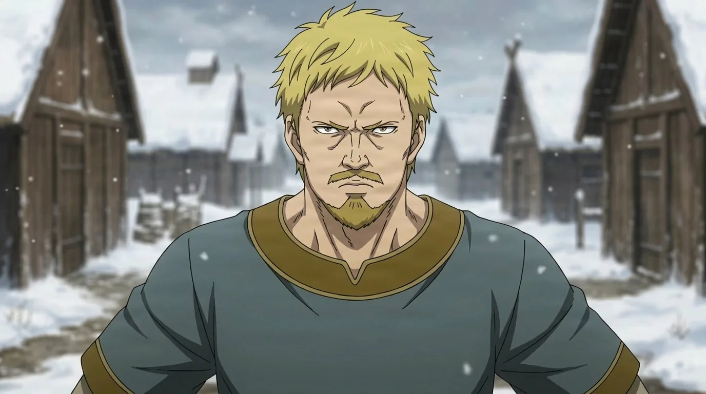 Torgrim, a blond Norseman with a moustache and beard in a teal and gold tunic, standing among snow-covered longhouses
