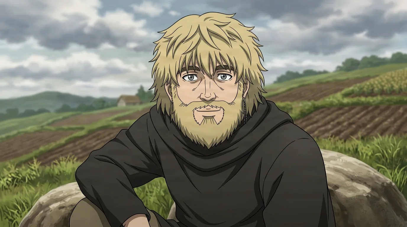 Willibald, a blond bearded priest in a black monastic robe, seated on a boulder before ploughed fields under heavy cloud