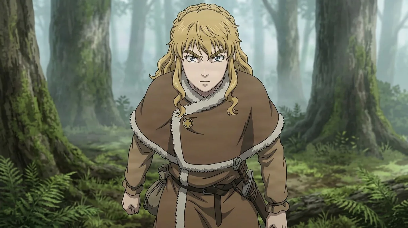Ylva, a blonde woman with braided hair in a fur-trimmed brown cloak, standing in a mossy old-growth forest