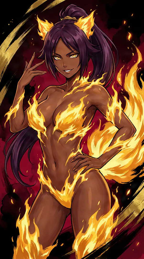 Yoruichi from Bleach poses confidently against a dark red background, her body adorned only by swirling orange flames that strategically cover her and form fiery cat ears and a tail.
