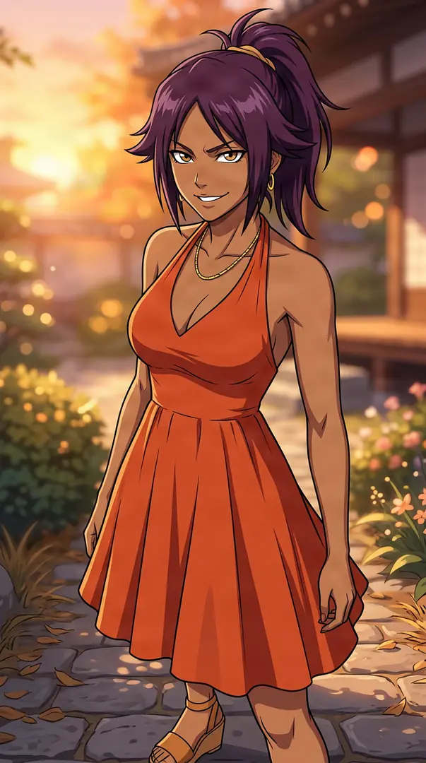 Yoruichi from Bleach smiles confidently while standing on a sunlit cobblestone garden path, wearing a vibrant orange halter dress and wedge sandals.