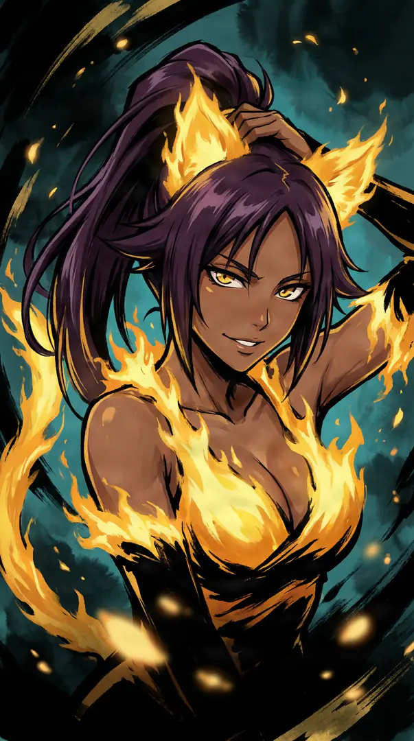 Yoruichi from Bleach smiles with her purple hair pulled into a ponytail, wearing a black outfit engulfed in vibrant orange flames that form cat ears and a tail.